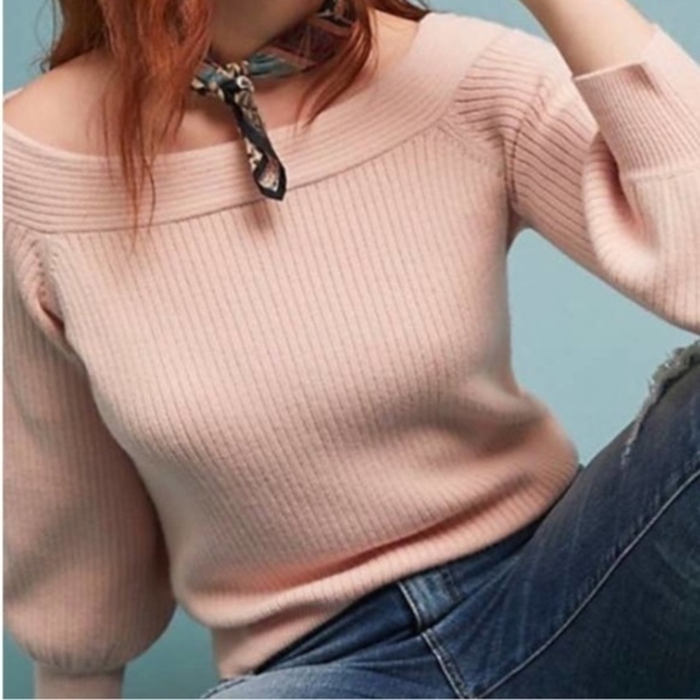 Anthropologie Moth Dancer ribbed balloon sleeve off shoulder sweater L